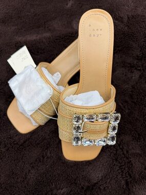 a new day Tan Woven Slide Mules with Crystal Buckle Accent